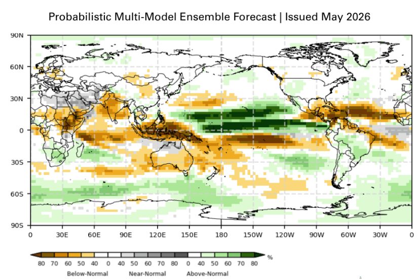 Global weather forecast map showing El Niño precipitation patterns across equatorial regions