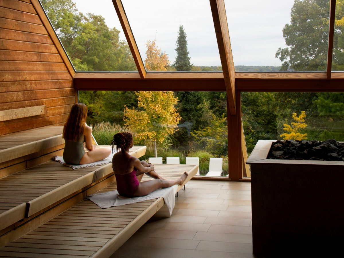 Guests relaxing in a modern spa lounge with expansive windows overlooking green forest landscape