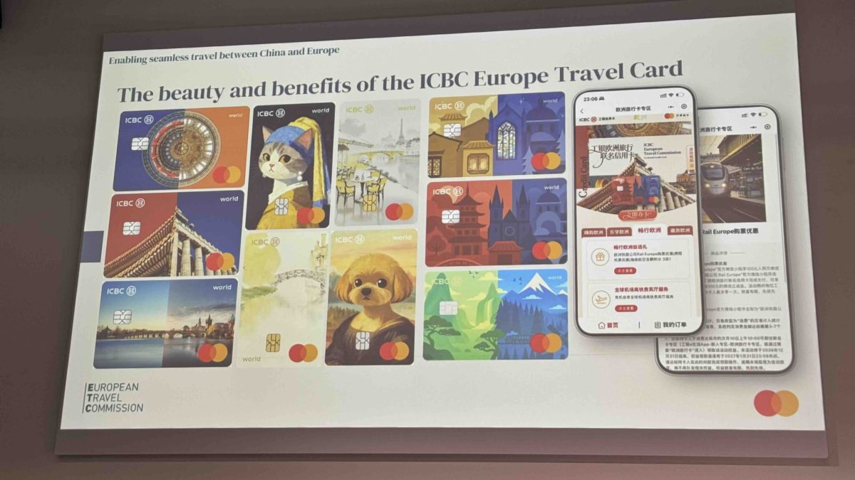 ICBC Europe Travel Card displayed with cultural landmarks and benefits information