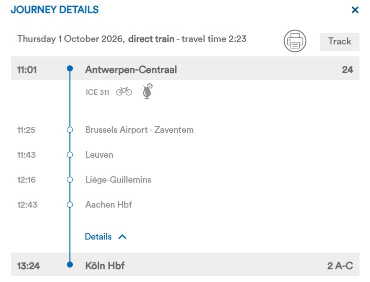 ICE train journey itinerary from Antwerp-Centraal to Köln Hbf via Brussels Airport