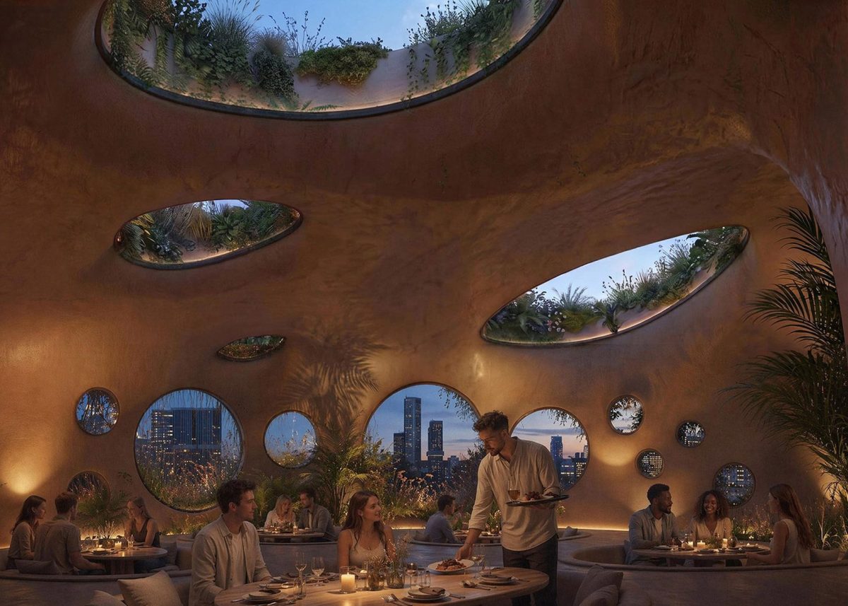 Interior of organic dome-shaped restaurant with curved windows and earthy tones