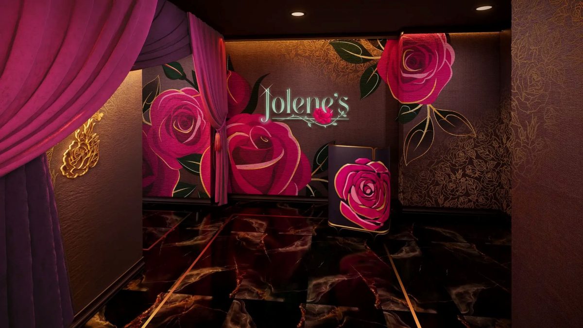 Jolene's Bar and Grille interior with rose decor and logo.
