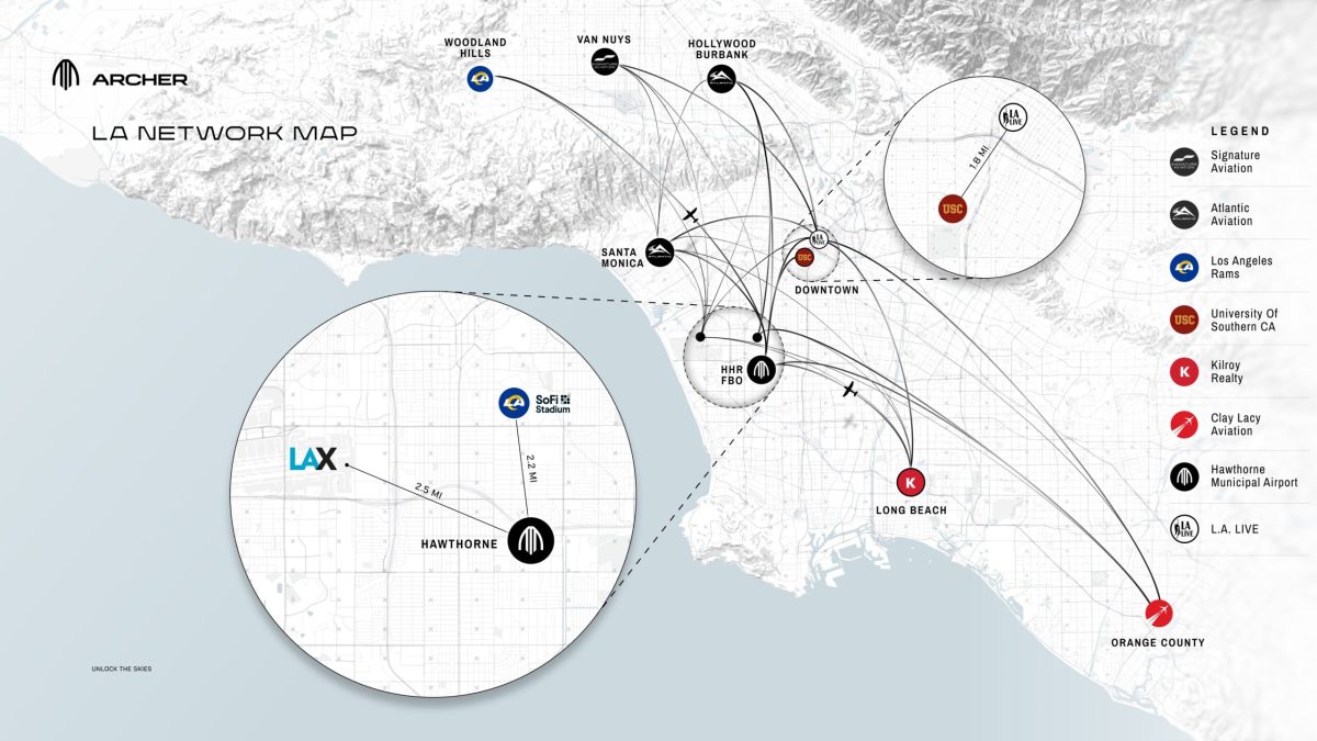 LA network map showing proposed vertiport locations and air taxi routes across Los Angeles