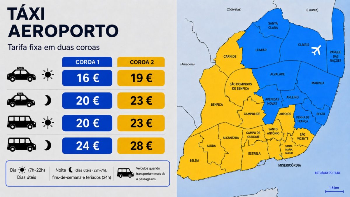 Lisbon Airport taxi fare map showing fixed rates for different zones.