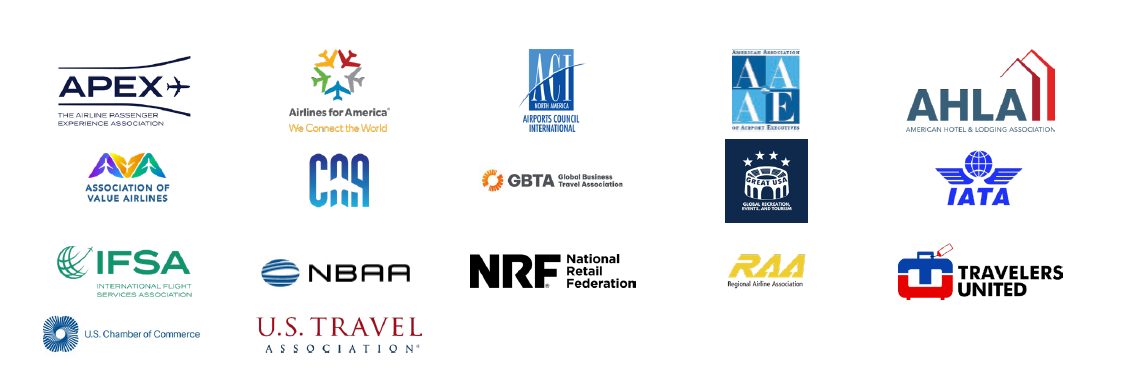 Logos of major US travel industry associations including APEX, ATTA, AHLA, IFSA, NBAR, and others
