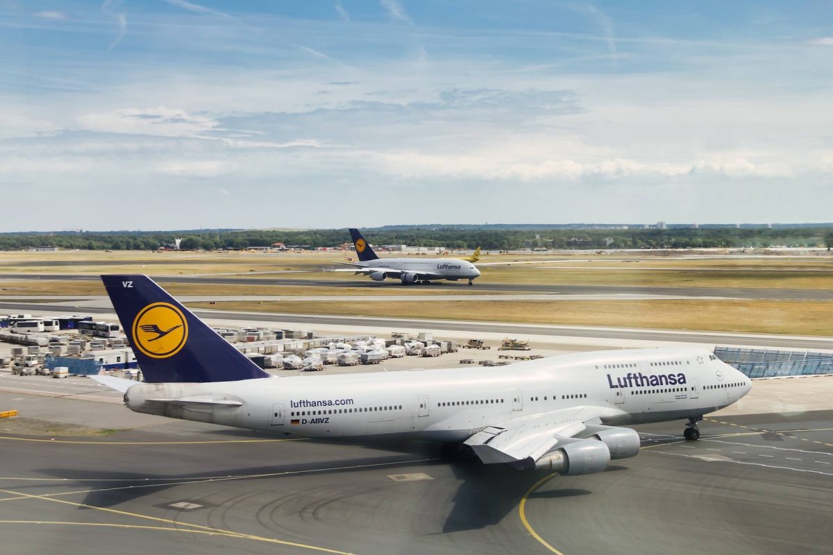 Lufthansa aircraft parked at airport gate during pilot strike