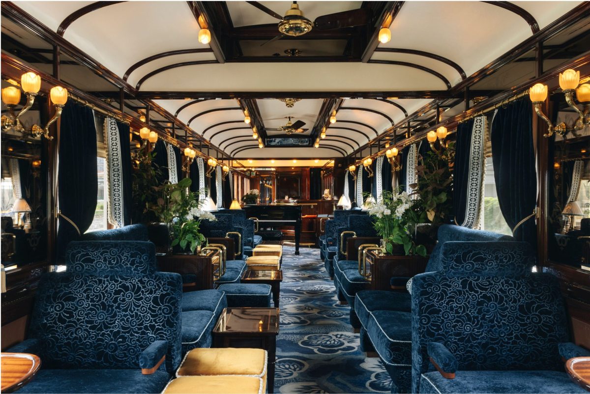 Luxurious interior of the Venice Simplon-Orient-Express train car.