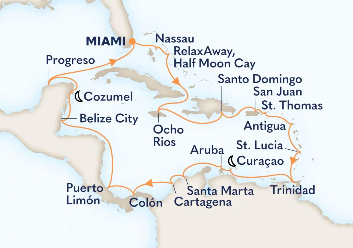 Map of Caribbean cruise route, highlighting ports like Miami, Nassau, and Santo Domingo.