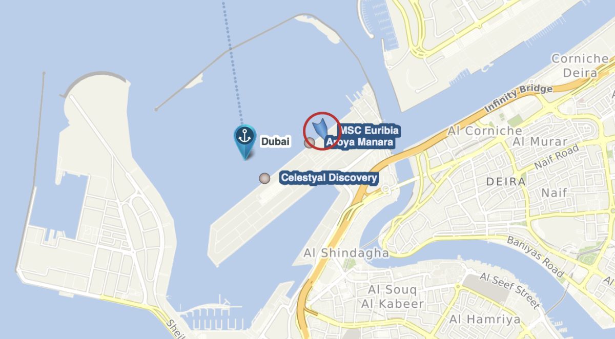 Map of Dubai and Arabian Gulf region showing cruise port locations