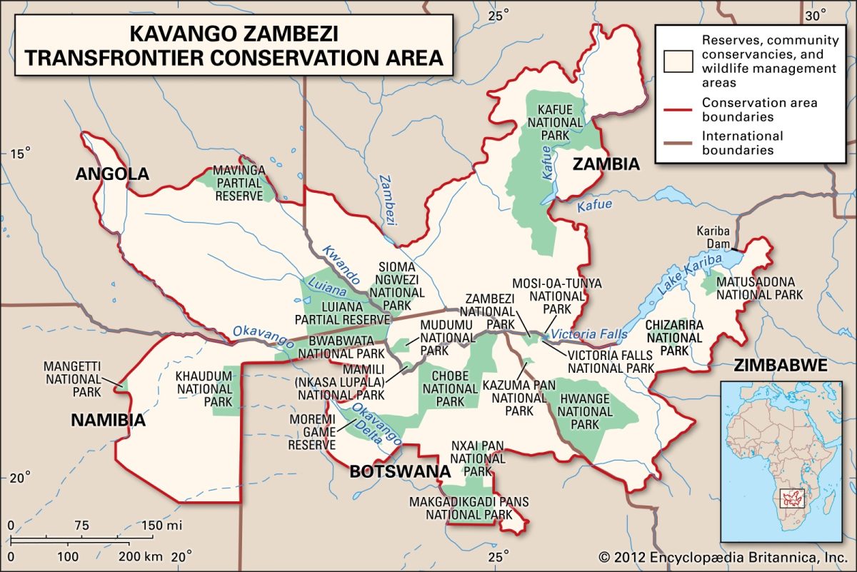 Map of Kavango Zambezi Transfrontier Conservation Area spanning Angola, Namibia, Botswana, Zambia and Zimbabwe