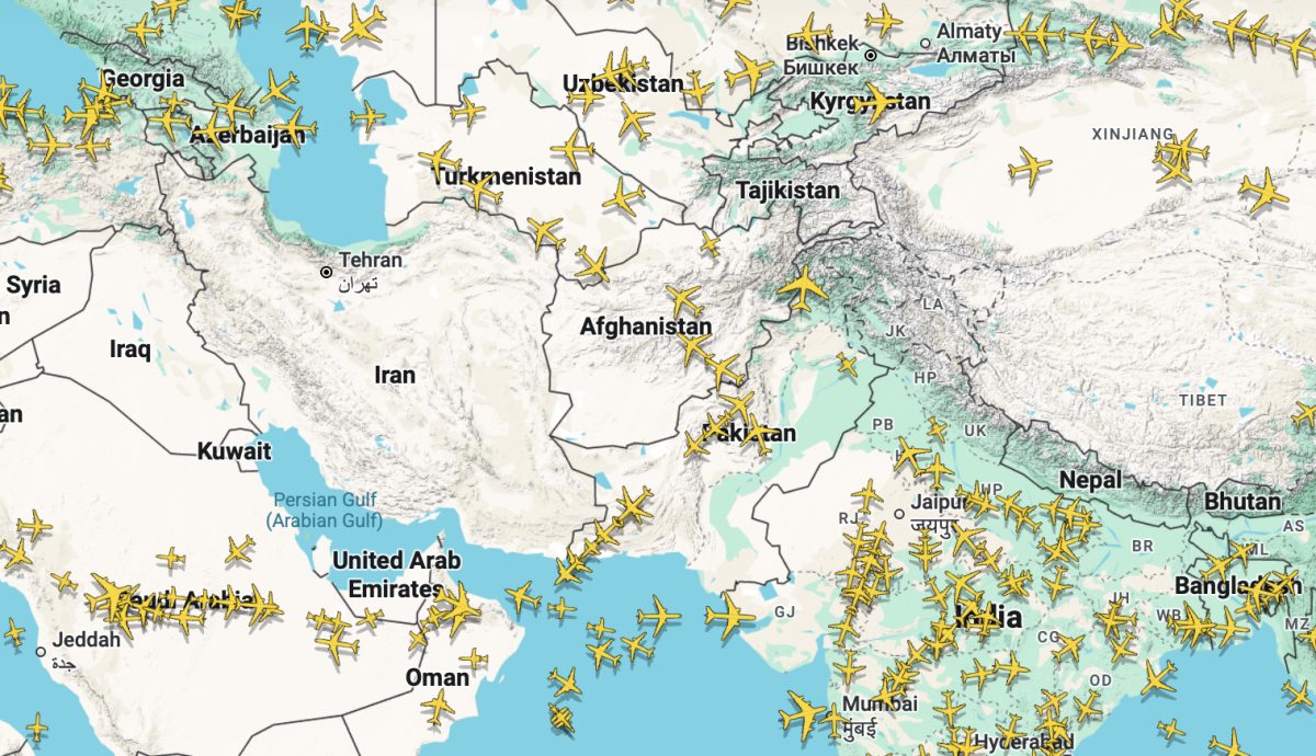 Map of Pakistan and surrounding South Asian countries showing airspace routes