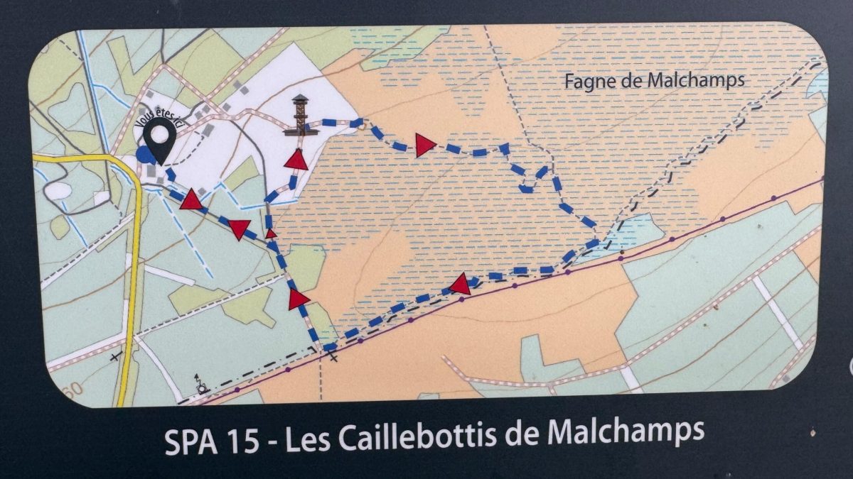 Map of SPA 15 hiking trail through Fagne de Malchamps with marked waypoints