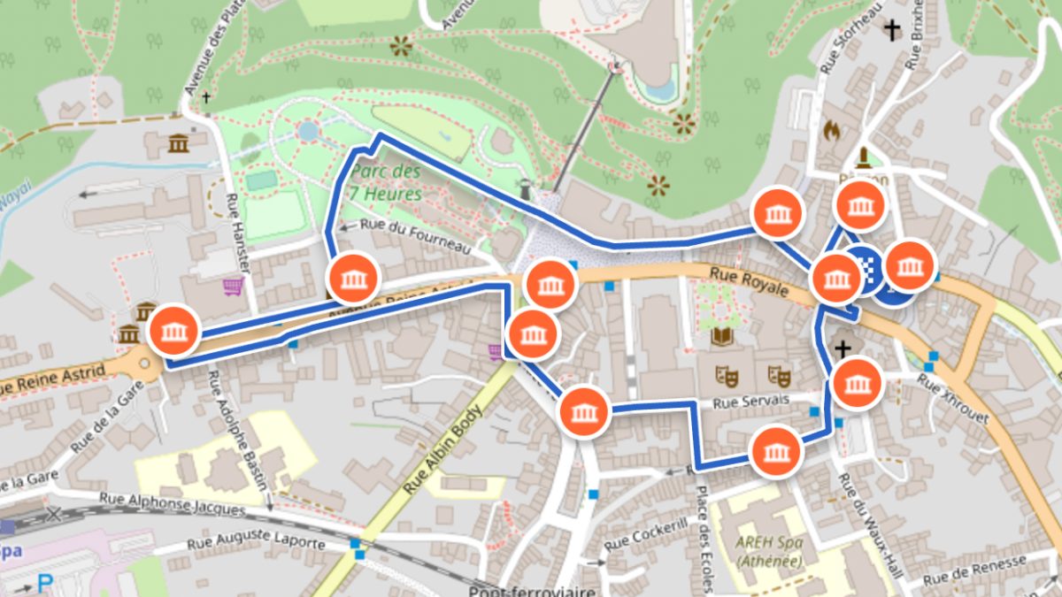 Map of Spa, Belgium showing a walking route with orange markers through the town center