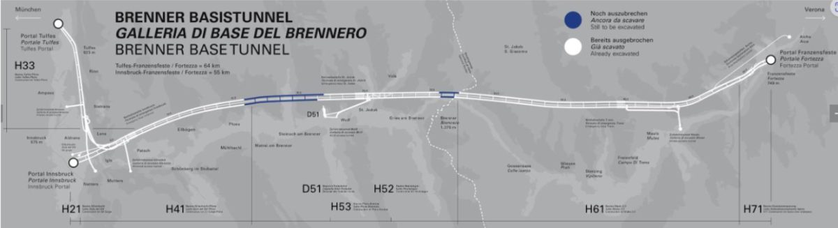 Map of the Brenner Base Tunnel railway project cutting through Alps between Austria and Italy