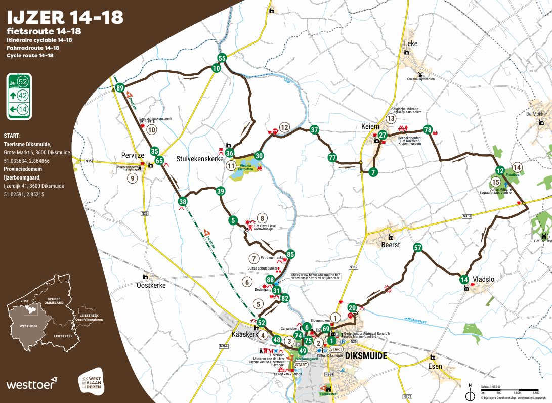 Map of the Frontzate gravel bike route near Diksmuide, Belgium with green markers