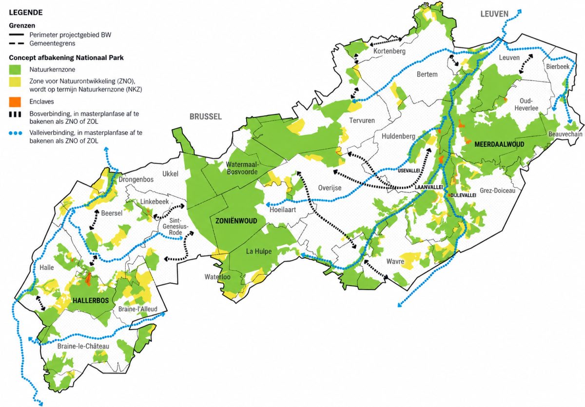 Map showing Brabantse Wouden National Park location and zones around Tervuren.