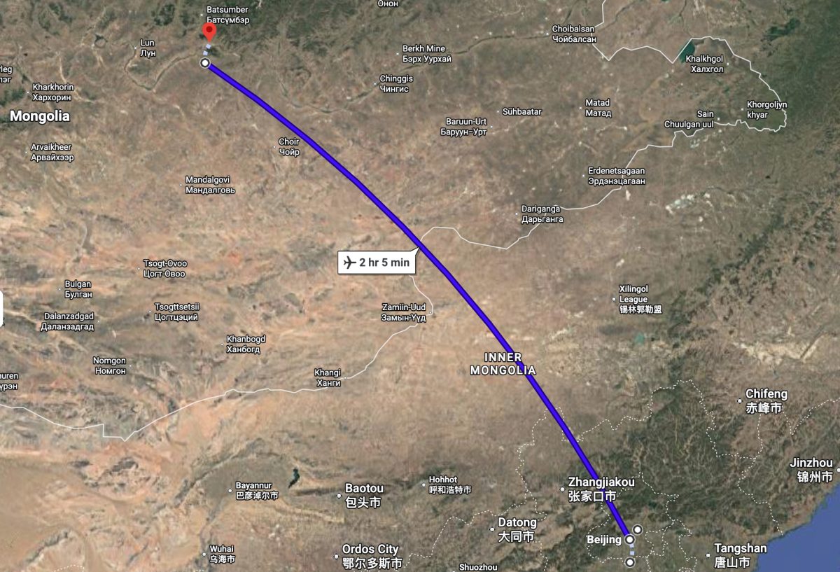 Map showing flight route between Chinese and Southeast Asian cities