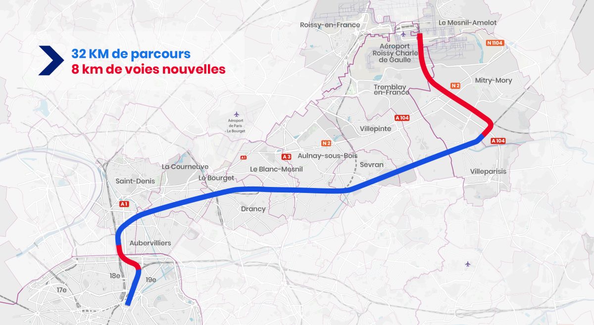 Map showing new 32km express rail route connecting Paris airports with blue and red colored lines