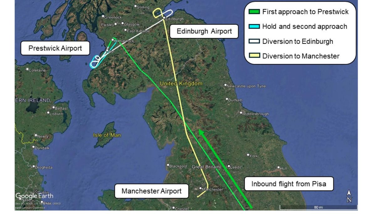 Map showing Ryanair flight's aborted landings and diversion due to fuel emergency.