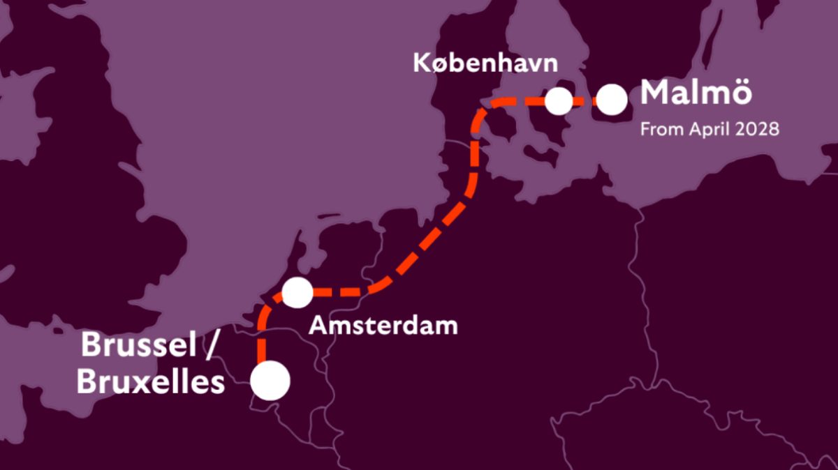 Map showing sleeper train route connecting Brussels, Amsterdam, Copenhagen, and Malmö