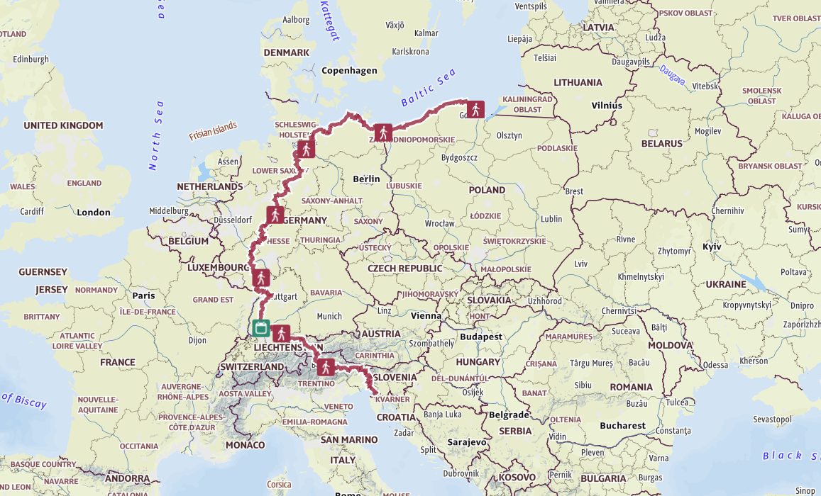 Map showing the Wolf Trail route in red spanning six European countries from Poland to Italy