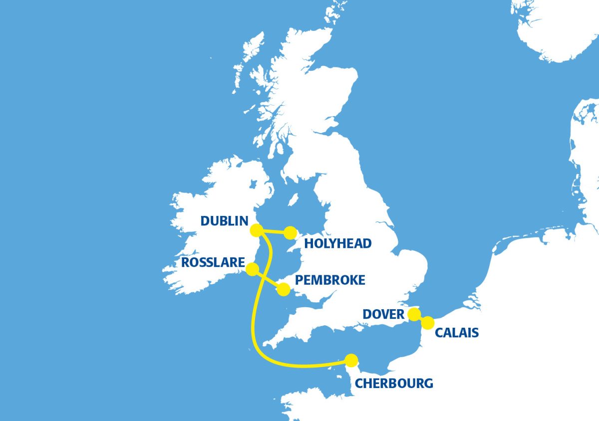 Map showing UK-Ireland ferry routes between major ports including Dublin, Holyhead, Pembroke, Dover, Calais and Cherbourg