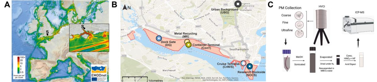 Maps showing cruise ship routes across Mediterranean and European waters with pollution data