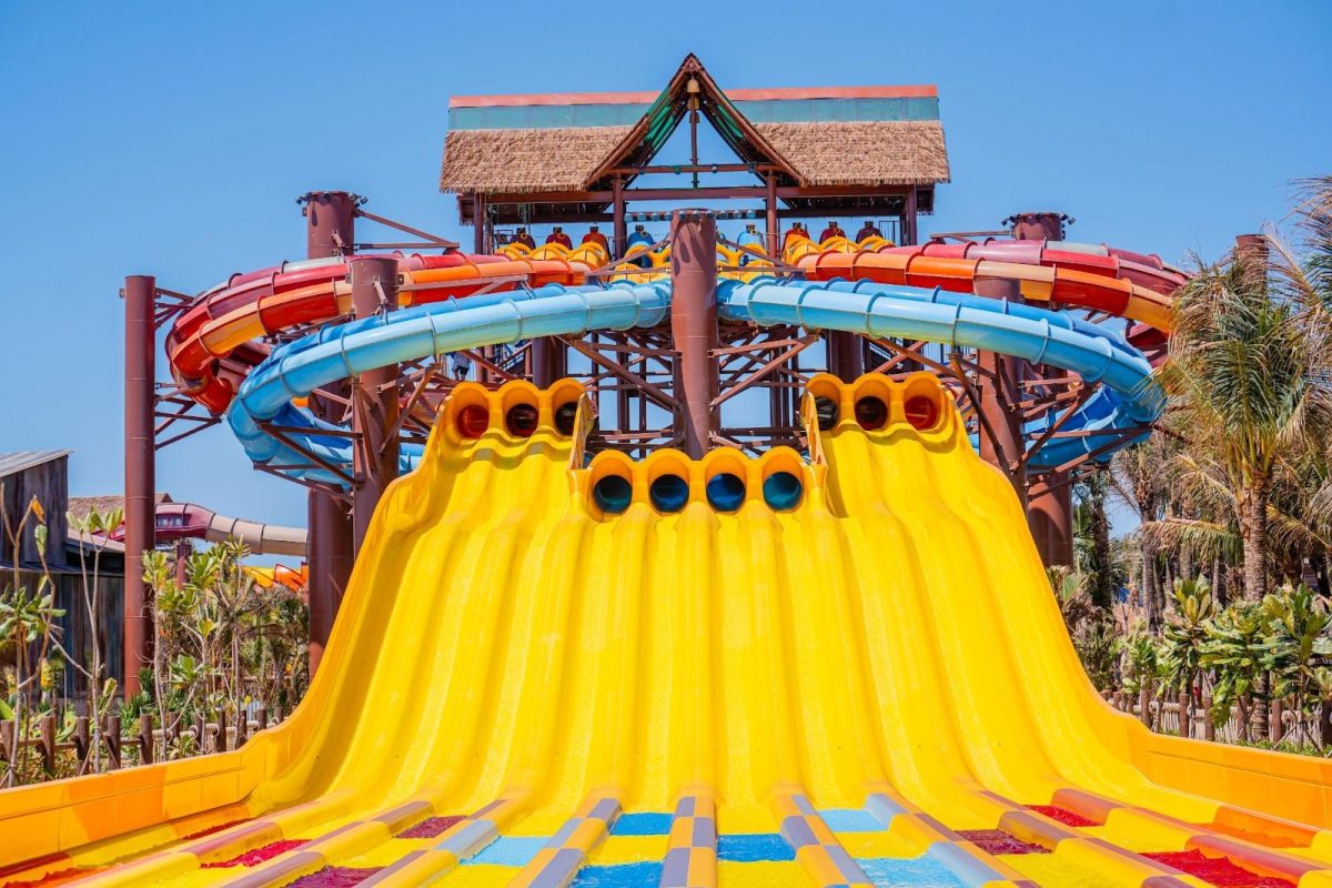 Massive yellow water slide with multiple lanes at Vietnam's new water park
