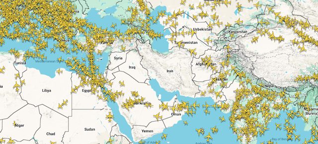 Map of Middle East showing aviation routes and airspace corridors across the region