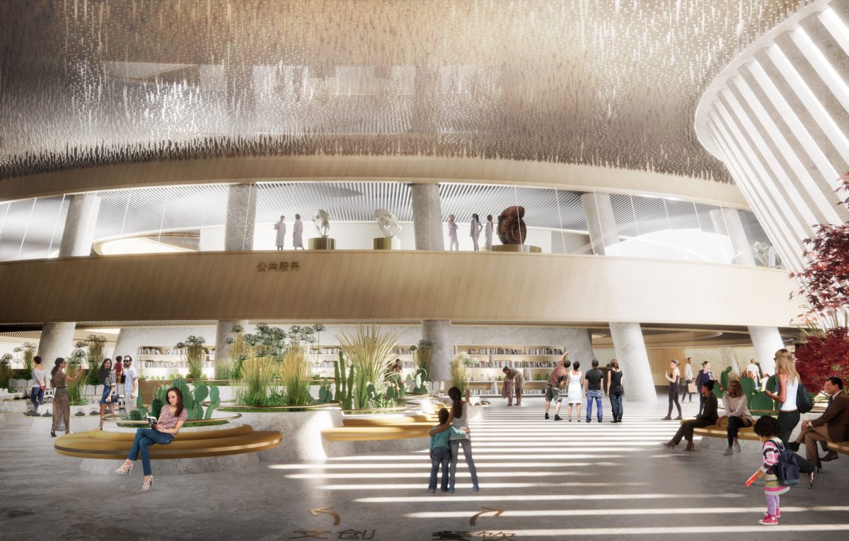 Modern curved white museum building interior with skylights and visitors in the atrium