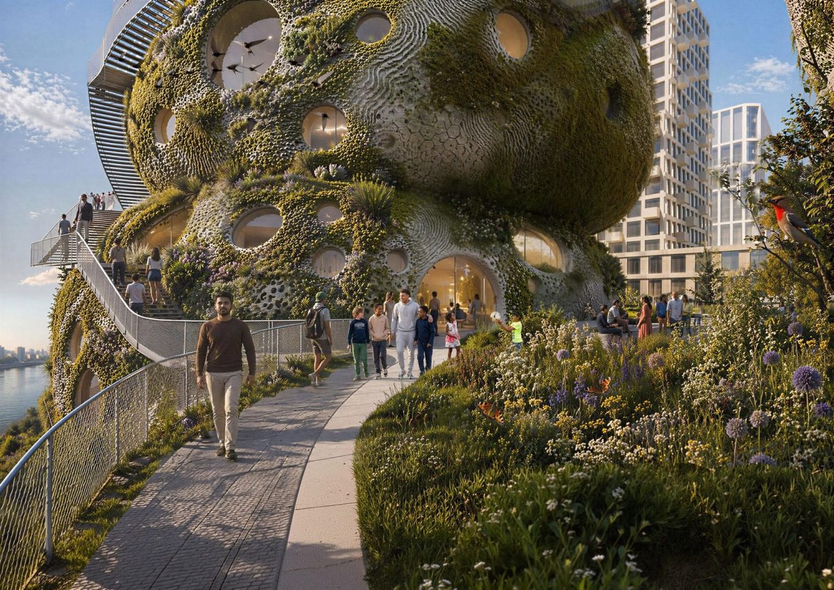 Moss-covered sculptural building with walking path and visitors in Rotterdam