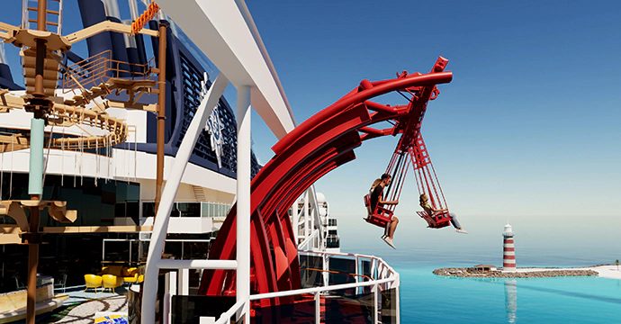 MSC cruise ship with red crane and turquoise Mediterranean waters in background