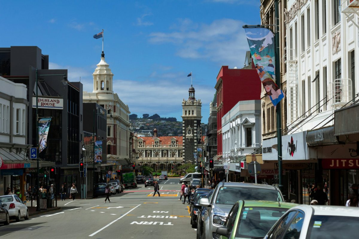 Dunedin's historic downtown street with Victorian architecture and city center buildings