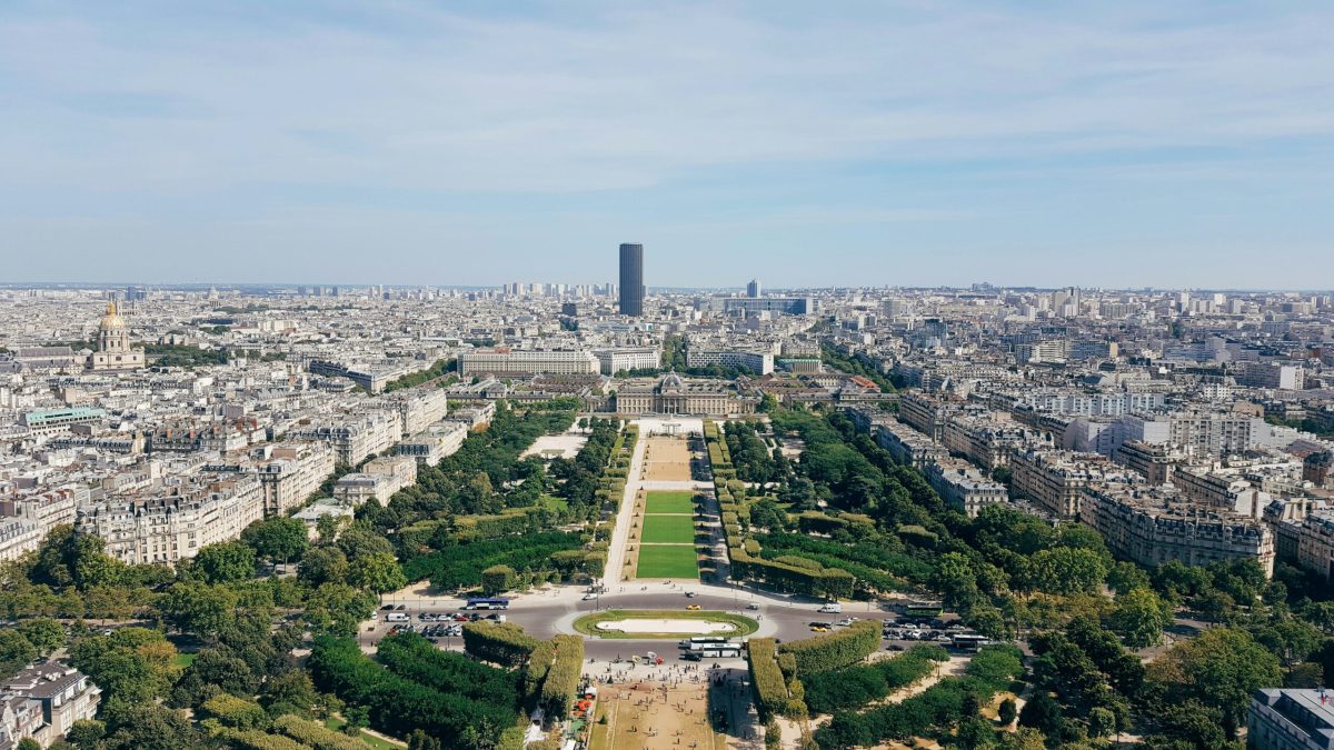 Aerial view of Paris showing the Champs-Élysées and cityscape from high vantage point