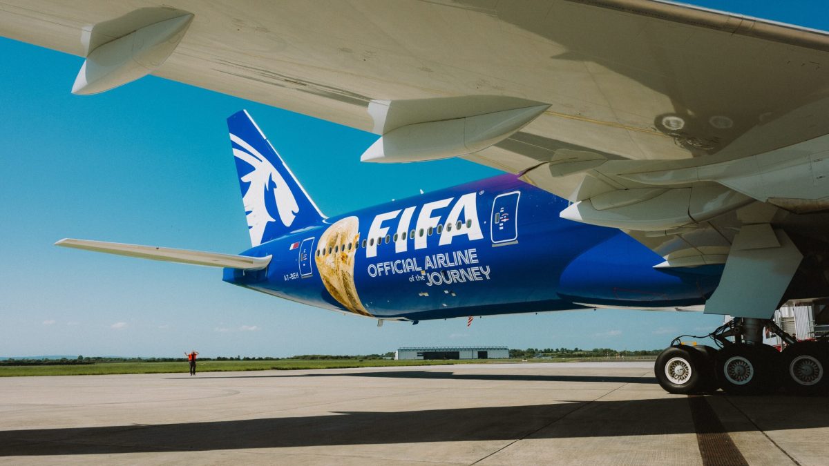 Qatar Airways aircraft with FIFA World Cup 2026 special livery on tarmac