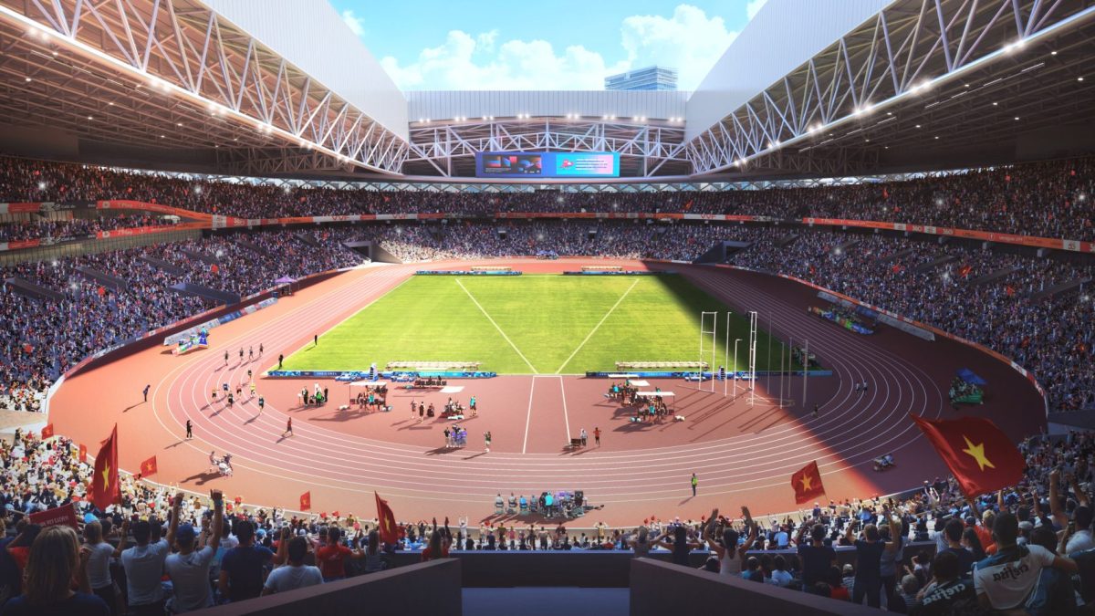 Rach Chiec Stadium design rendering, showcasing its expansive seating and palm-inspired architecture.