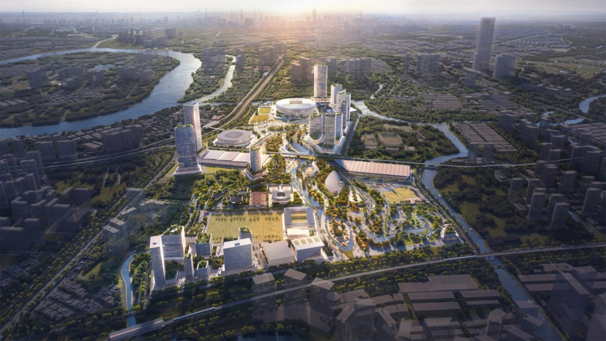 Rach Chiec Stadium design rendering, showing the stadium and surrounding parkland in Ho Chi Minh City.