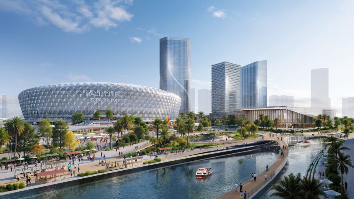 Rach Chiec Stadium design rendering with river and cityscape backdrop.