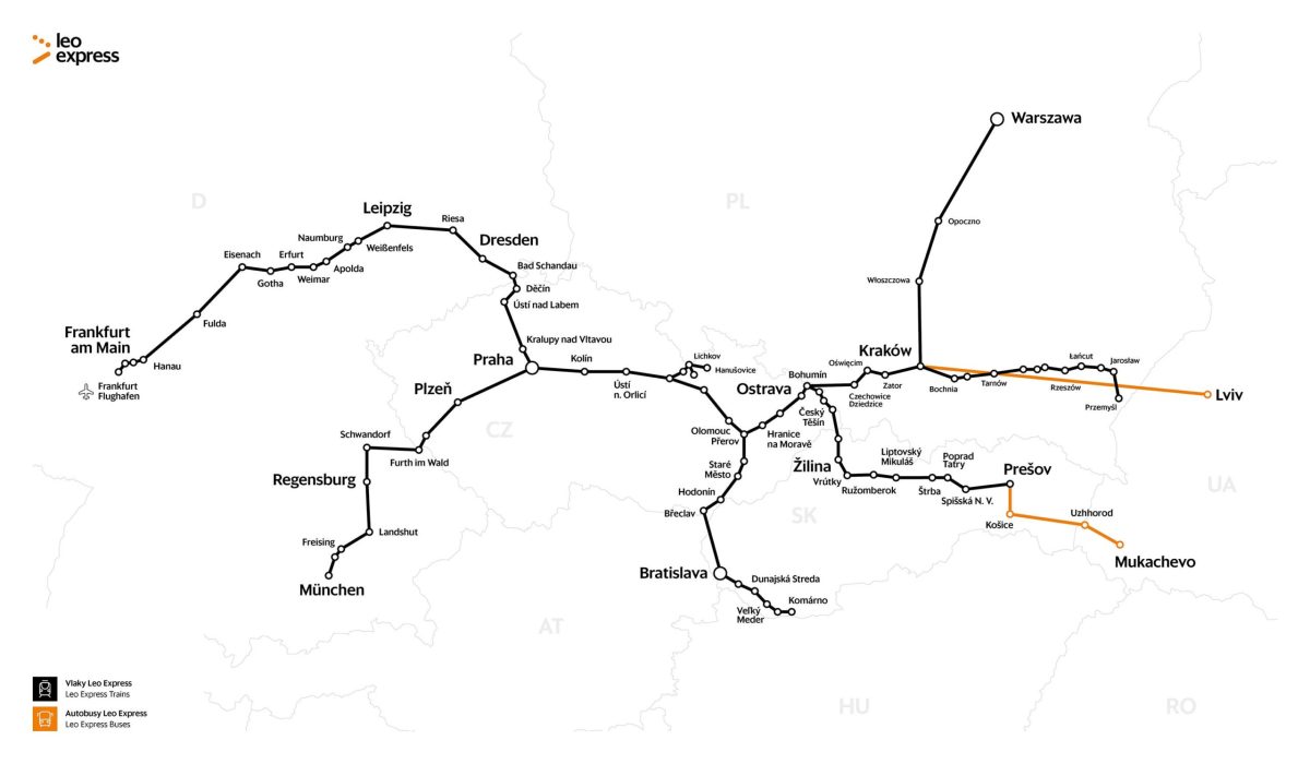 Rail network map showing the new Poland-Germany train route through Czech Republic