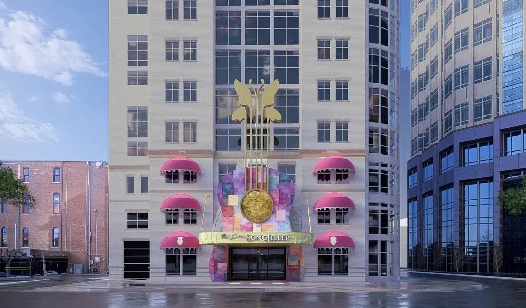Rendering of Dolly Parton's Nashville hotel and museum, featuring butterfly accents and pink awnings.