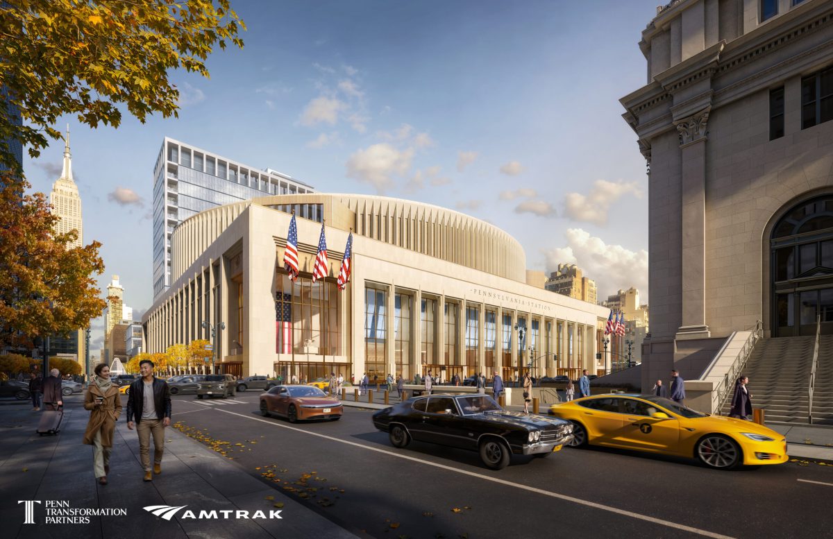 Rendering of redesigned Penn Station with modern glass and stone facade on Manhattan street