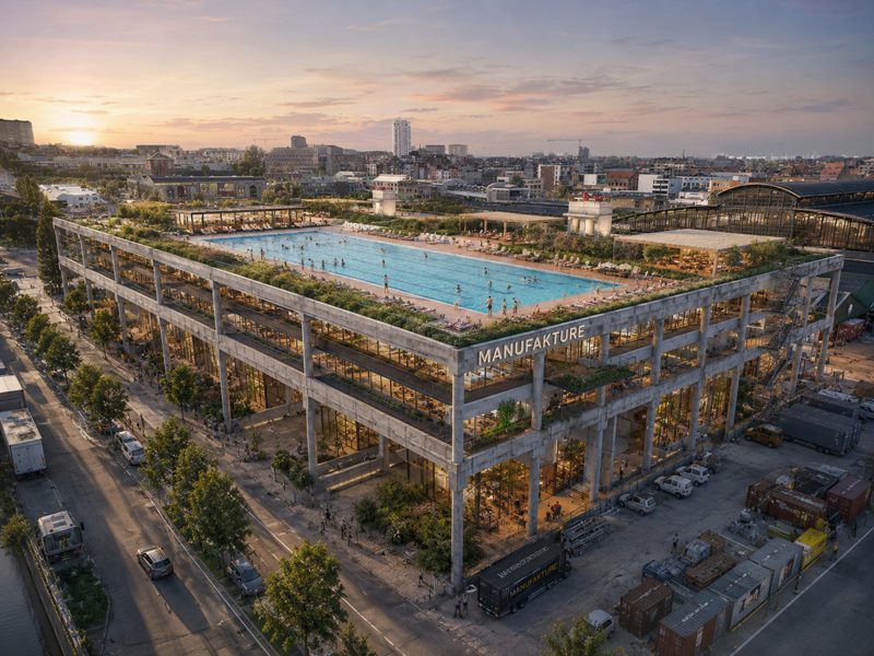 Rooftop swimming pool complex in Anderlecht with city skyline at sunset