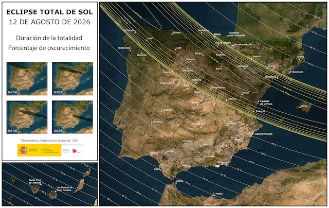 Satellite map of Spain showing the path of totality for the August 2026 solar eclipse