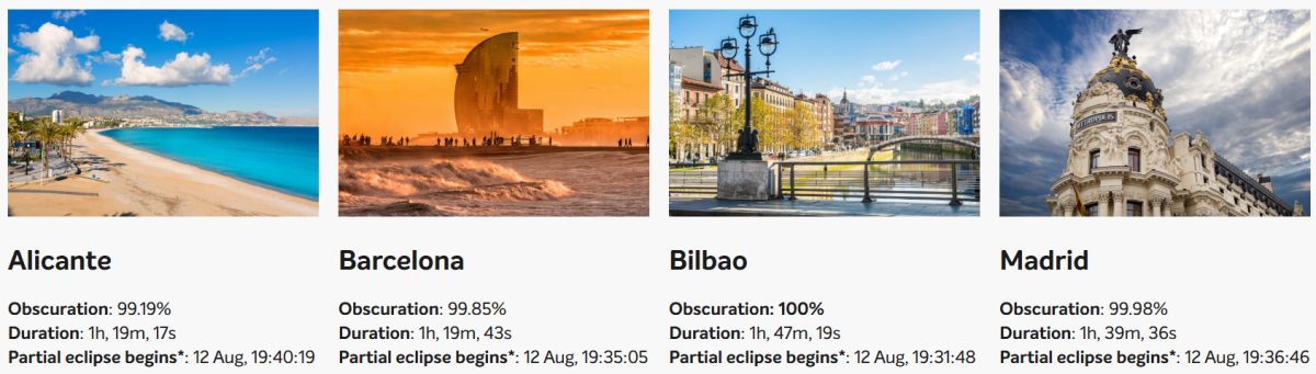 Scenic destinations including Alicante, Barcelona, Bilbao, and Madrid with blue skies and clouds