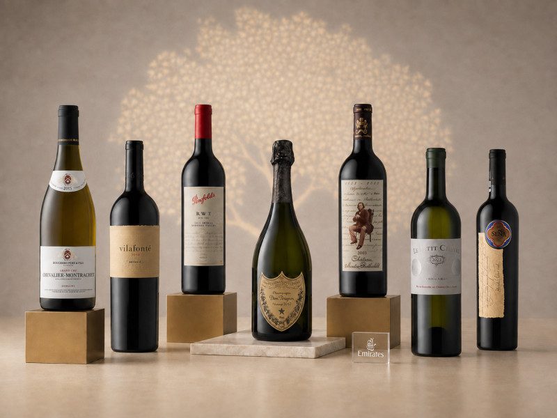 Selection of wine bottles displayed on wooden blocks against a blurred, leafy background.
