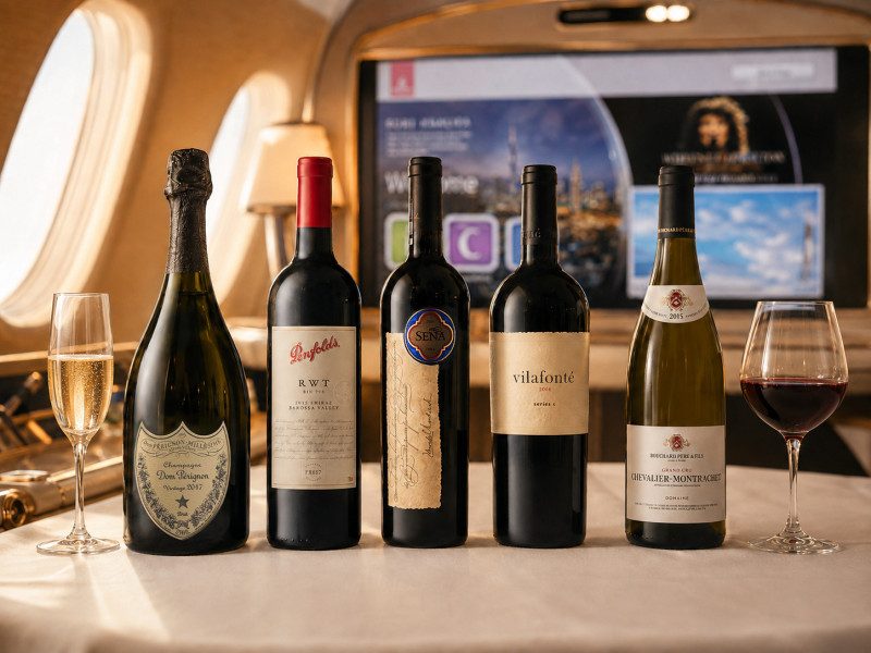 Selection of wines, including English sparkling wine, on an Emirates aircraft table.