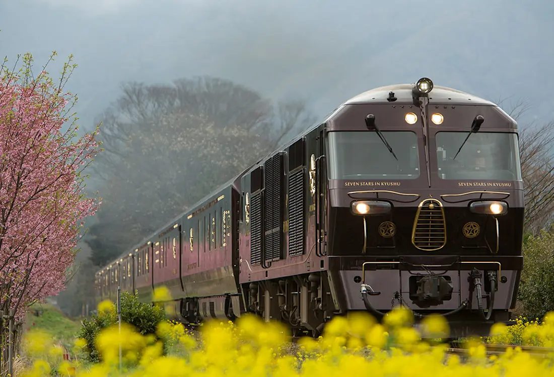 Seven Stars in Kyushu luxury train traveling through blooming yellow flowers and misty mountains