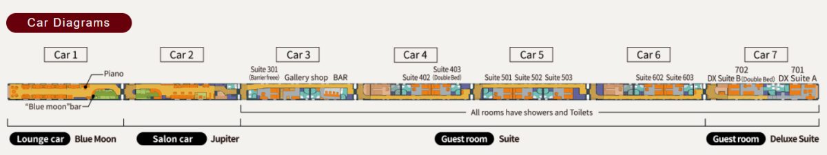 Seven Stars in Kyushu luxury sleeper train route map showing railway lines and stations