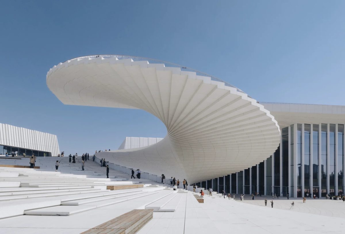 Shanghai Grand Opera House's striking spiral staircase ascends to the rooftop.
