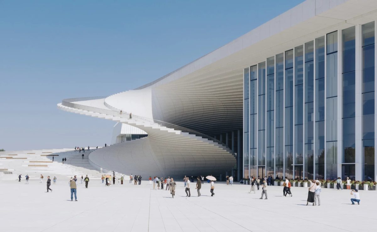 Shanghai's Grand Opera House features a dramatic spiral staircase leading to the rooftop.